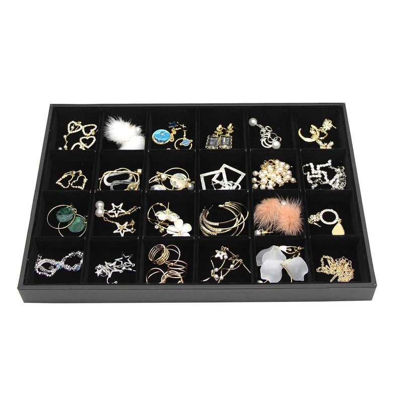 Pimuza Black Velvet Stackable 24 Grid Jewelry Tray Showcase Display Organizer Holder Dividers for Teen Stud Drop Earring, Watch, Bead, Trinket Storage Adjustable Box Case Dish for College Dorm Woman Drawer - Image 1